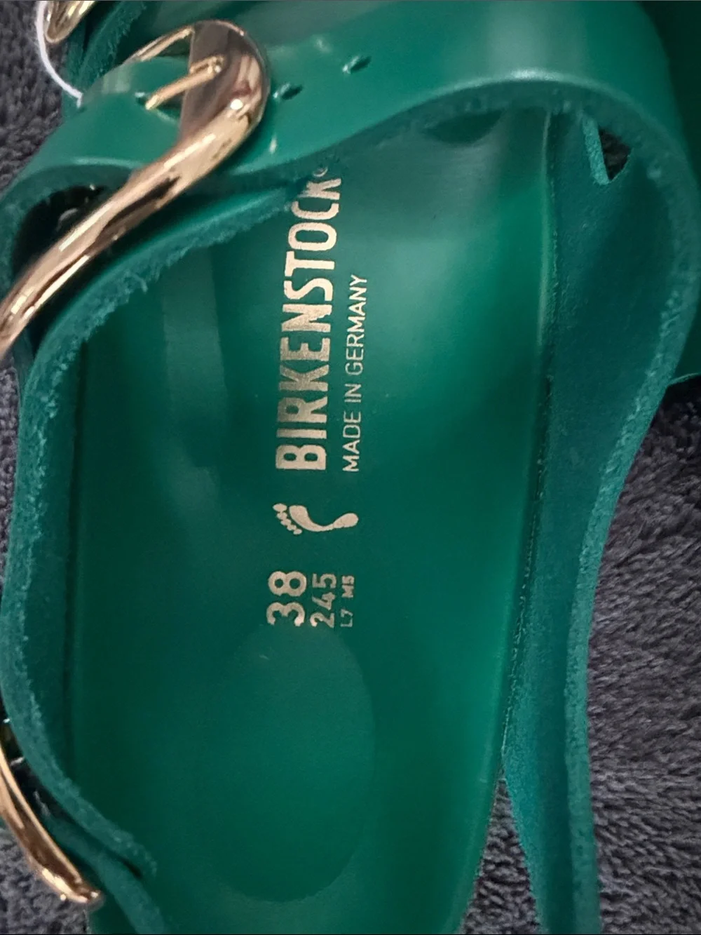 Birkenstock Women’s Emerald Green Double-Strap Sandals with Gold Buckles